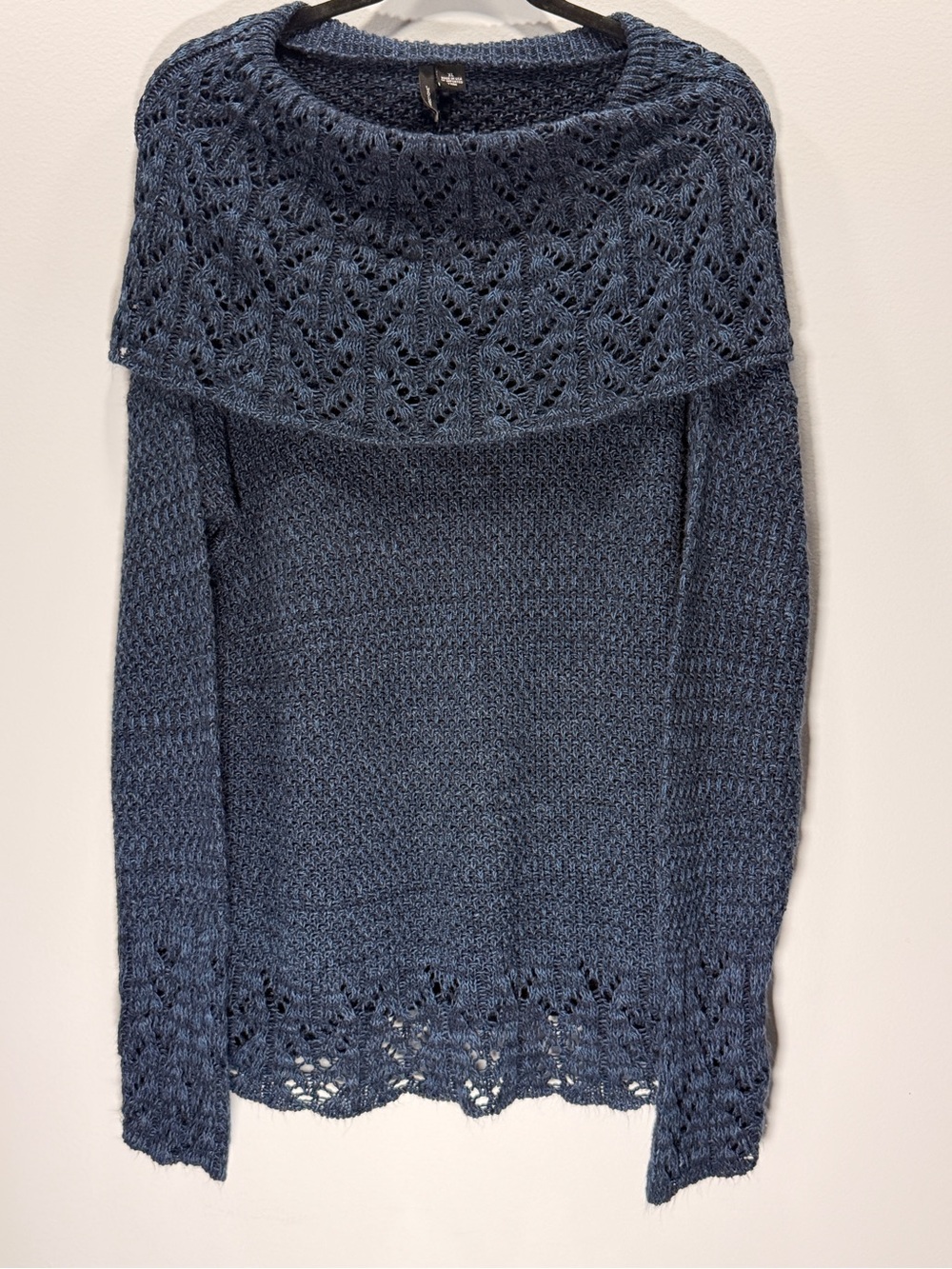 new directions Navy Blue Lace Yoke Cowl Sweater